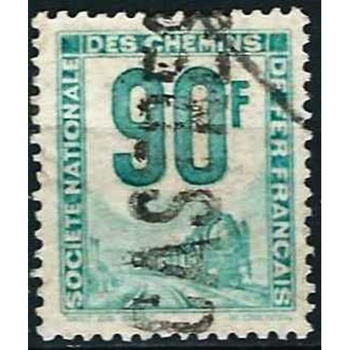 France 1944, Bel Exemplaire Timbre Pour Petits Colis, Locomotive À Vapeur, Yv. 20, 90f. Bleu Vert, Obli. Tbe