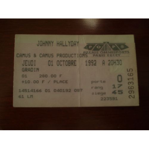 Ticket De Spectacle Du Popb De Paris De 1992 De Johnny Hallyday.