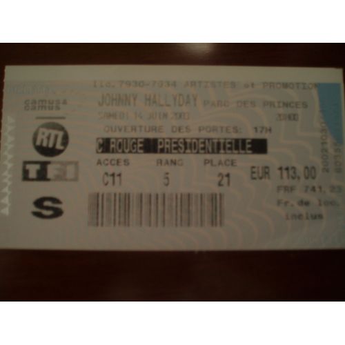 Ticket De Spectacle Du Parc Des Princes De Paris 2003 De Johnny Hallyday.