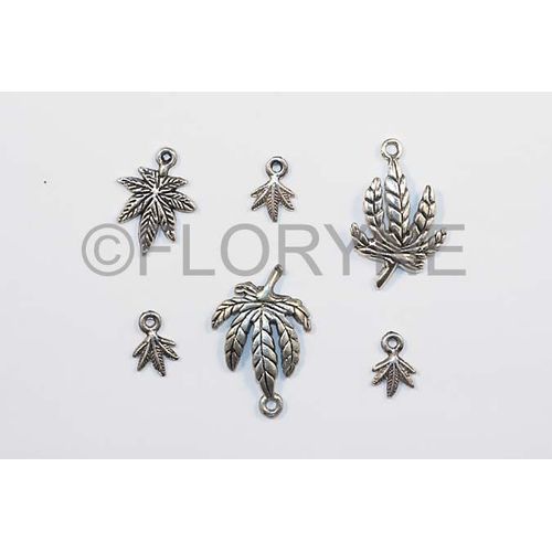 6 Breloques Charms Feuilles En Métal Argenté