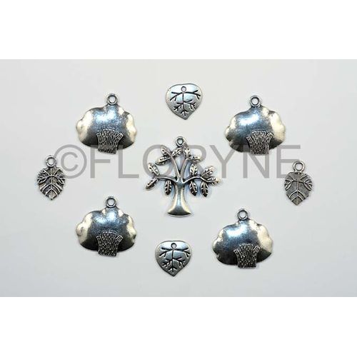 9 Breloques Charms Pendants Arbres Et Feuilles En Métal Argenté