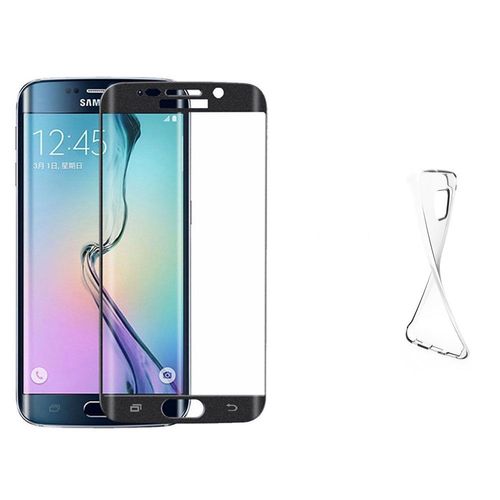  Film Verre Trempé Intégral Total Incurvé Samsung Galaxy S6 Edge Plus Noir + 1 Coque Silicone 