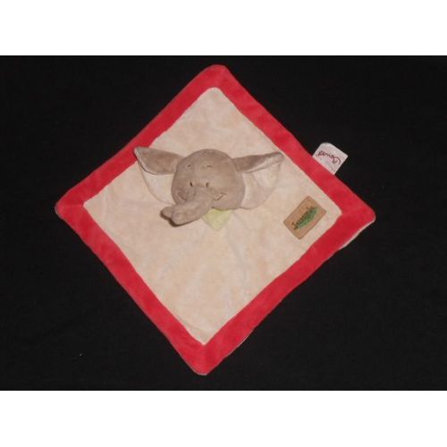 Doudou  Plat Carré  Éléphant  Beige Crème -  Foulard Vert - Contour Rouge - Collection " Jungle " - Bengy