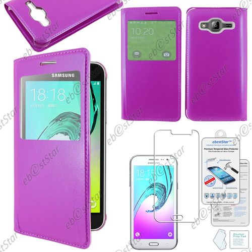Ebeststar ® Pour Samsung Galaxy J3 Sm-J300f Housse Protection Coque Cover View Portefeuille, Couleur Violet + Film Verre Trempé