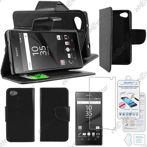 Ebeststar ® Housse Portefeuille Coque Etui Protection Folio Pour Sony Xperia Z5 Compact, Couleur Noir + 1 Verre Trempé