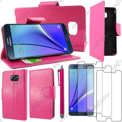 Ebeststar ® Housse Coque Etui Portefeuille Support Folio Simi Cuir Pour Samsung Galaxy Note5 Sm-N920f Note 5, Couleur Rose + Stylet 3 Film Plastique