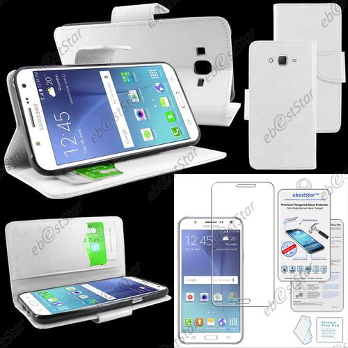 Ebeststar ® Verre Trempé + Housse Coque Etui Portefeuille Support Folio Simi Cuir Pour Samsung Galaxy J5 Sm-J500f, Couleur Blanc