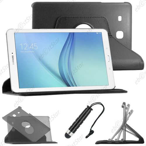 Ebeststar ® Housse Coque Etui Pu Cuir Rotatif Avec Support À Rotation 360° Pour Samsung Galaxy Tab E 9.6 T560, T561, Couleur Noir + Mini Stylet + 1 Film Protection D'écran + Lingette