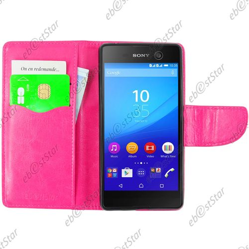 Ebeststar ® Pour Sony Xperia M5, M5 Dual Etui Portefeuille Housse Coque Protection Folio Book Livre, Couleur Rose + 1 Film Protection D'écran + Lingette