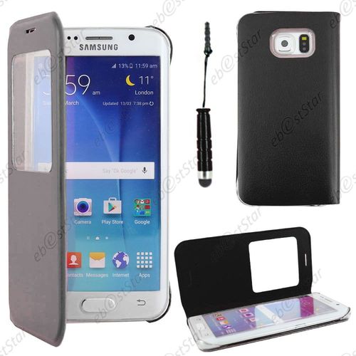 Ebeststar ® Housse Coque Etui Style View Portefeuille Pour Samsung Galaxy S6 Edge Sm-G925f G925, Couleur Noir + Mini Stylet + 1 Film Protection D'écran + Lingette