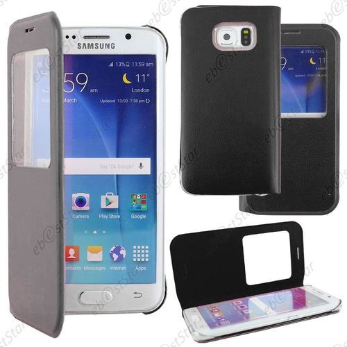 Ebeststar ® Housse Coque Etui Style View Portefeuille Pour Samsung Galaxy S6 Edge Sm-G925f G925, Couleur Noir + 1 Film Protection D'écran + Lingette