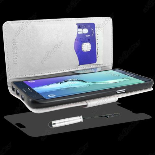 Ebeststar ® Housse Coque Etui Portefeuille Support Folio Simi Cuir Pour Samsung Galaxy S6 Edge Sm-G925f G925, Couleur Blanc + Mini Stylet + 1 Film Protection D'écran + Lingette