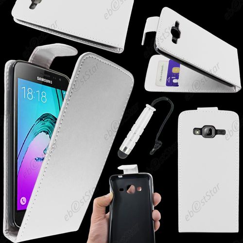 Ebeststar ® Housse Coque Etui Simili Cuir À Rabat Vertical Pour Samsung Galaxy J3 Sm-J300f, Couleur Blanc + Mini Stylet + 1 Film Protection D'écran + Lingette