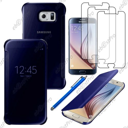 Ebeststar ® Housse Coque Etui View Clear Cover Miroir Pour Samsung Galaxy S6 Edge + Sm-G928f Edge Plus, Couleur Bleu Foncé + Stylet 3 Film Plastique