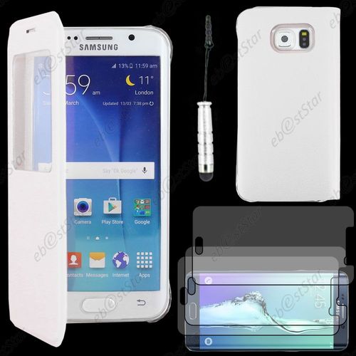 Ebeststar ® Housse Coque Etui Style View Portefeuille Pour Samsung Galaxy S6 Edge Sm-G925f G925, Couleur Blanc + Mini Stylet 3 Film Plastique