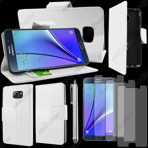 Ebeststar ® Housse Coque Etui Portefeuille Support Folio Simi Cuir Pour Samsung Galaxy Note5 Sm-N920f Note 5, Couleur Blanc + Stylet 3 Film Plastique