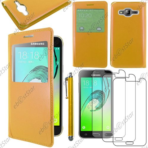 Ebeststar ® Housse Coque Etui Style View Portefeuille Pour Samsung Galaxy J3 Sm-J300f, Couleur Or + Stylet 3 Film Plastique