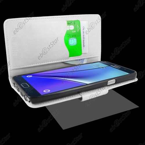 Ebeststar ® Housse Coque Etui Portefeuille Support Folio Simi Cuir Pour Samsung Galaxy Note5 Sm-N920f Note 5, Couleur Blanc + 1 Film Protection D'écran + Lingette