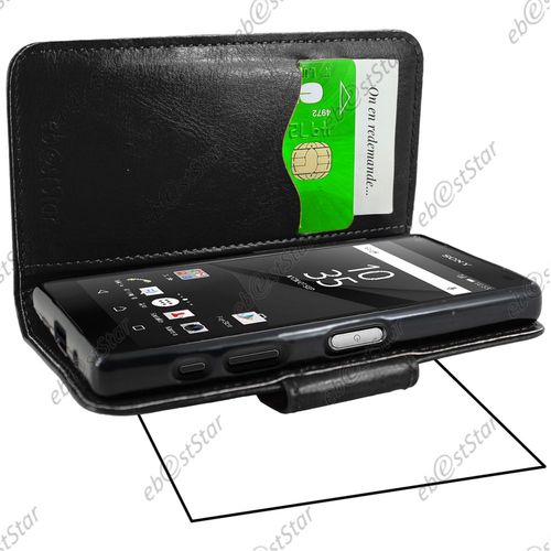 Ebeststar ® Housse Coque Etui Portefeuille Support Folio Simi Cuir Pour Sony Xperia Z5 Compact, Couleur Noir + 1 Film Protection D'écran + Lingette