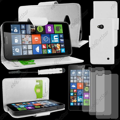 Ebeststar ® Housse Coque Etui Portefeuille Support Folio Simi Cuir Pour Microsoft Lumia 640 Lte Dual, Couleur Blanc + Mini Stylet 3 Film Plastique