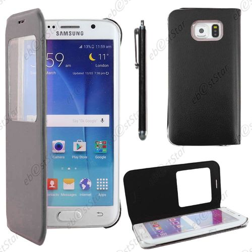 Ebeststar ® Housse Coque Etui Style View Portefeuille Pour Samsung Galaxy S6 Edge Sm-G925f G925, Couleur Noir + Stylet + 1 Film Protection D'écran + Lingette