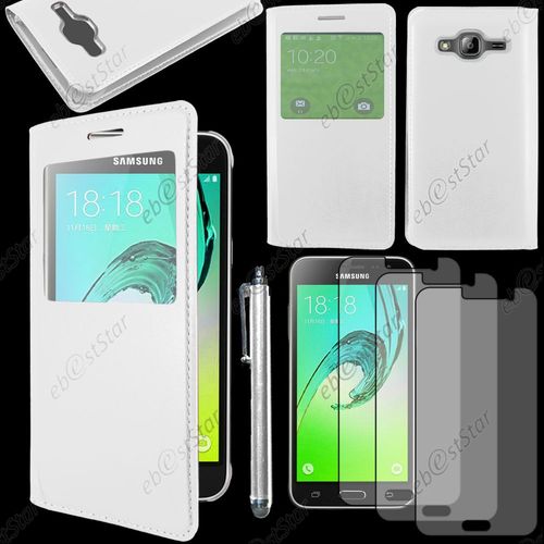 Ebeststar ® Housse Coque Etui Style View Portefeuille Pour Samsung Galaxy J3 Sm-J300f, Couleur Blanc + Stylet 3 Film Plastique