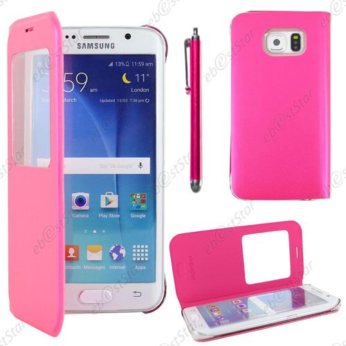 Ebeststar ® Housse Coque Etui Style View Portefeuille Pour Samsung Galaxy S6 Edge Sm-G925f G925, Couleur Rose + Stylet + 1 Film Protection D'écran + Lingette