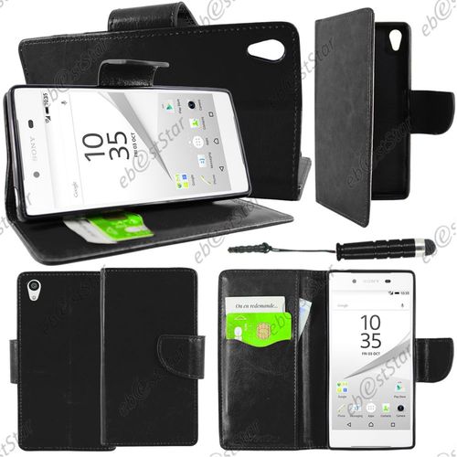 Ebeststar ® Housse Coque Etui Portefeuille Support Folio Simi Cuir Pour Sony Xperia Z5, Z5 Dual, Couleur Noir + Mini Stylet + 1 Film Protection D'écran + Lingette