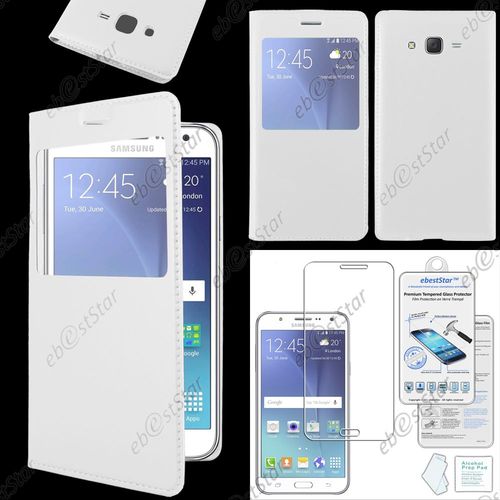 Ebeststar ® Verre Trempé + Housse Coque Etui Style View Portefeuille Pour Samsung Galaxy J5 Sm-J500f, Couleur Blanc
