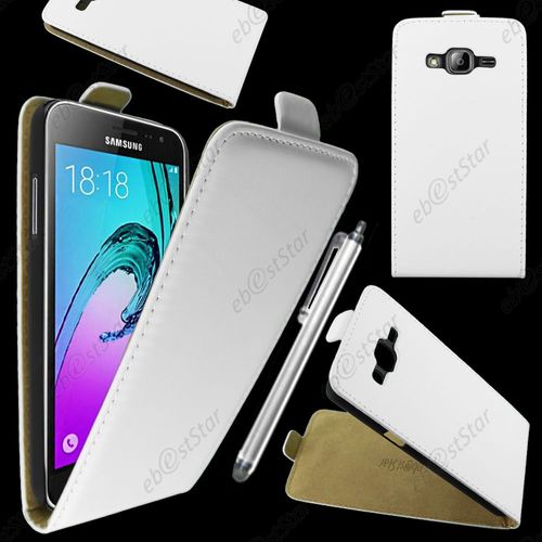 Ebeststar ® Housse Coque Etui En Pu Cuir À Rabat Ultra Fine (Slim Case) Pour Samsung Galaxy J3 Sm-J300f, Couleur Blanc + Stylet + 1 Film Protection D'écran + Lingette