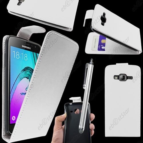 Ebeststar ® Housse Coque Etui Simili Cuir À Rabat Vertical Pour Samsung Galaxy J3 Sm-J300f, Couleur Blanc + Stylet + 1 Film Protection D'écran + Lingette
