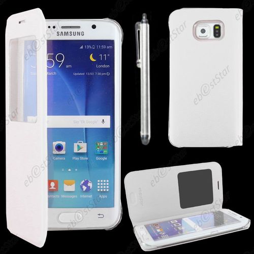 Ebeststar ® Housse Coque Etui Style View Portefeuille Pour Samsung Galaxy S6 Edge Sm-G925f G925, Couleur Blanc + Stylet + 1 Film Protection D'écran + Lingette