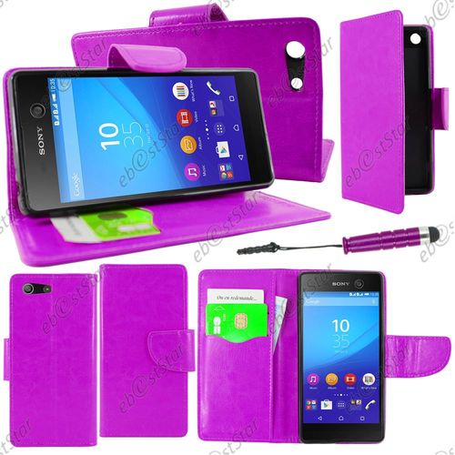 Ebeststar ® Housse Coque Etui Portefeuille Support Folio Simi Cuir Pour Sony Xperia M5, M5 Dual, Couleur Violet + Mini Stylet + 1 Film Protection D'écran + Lingette