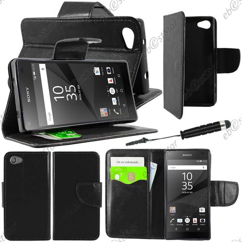 Ebeststar ® Housse Coque Etui Portefeuille Support Folio Simi Cuir Pour Sony Xperia Z5 Compact, Couleur Noir + Mini Stylet + 1 Film Protection D'écran + Lingette