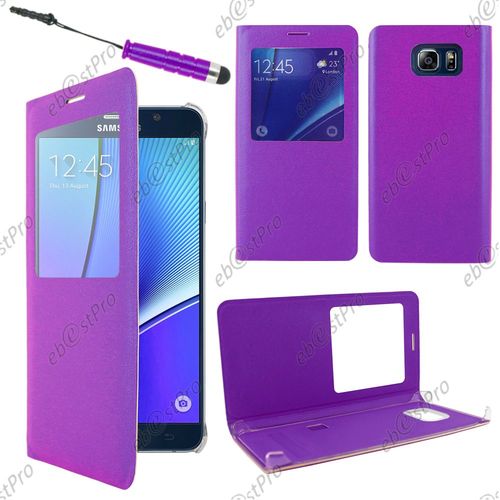 Ebeststar ® Housse Coque Etui Style View Portefeuille Pour Samsung Galaxy Note5 Sm-N920f Note 5, Couleur Violet + Mini Stylet + 1 Film Protection D'écran + Lingette