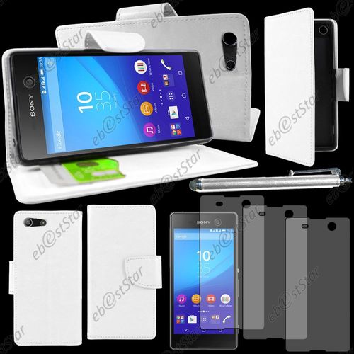 Ebeststar ® Housse Coque Etui Portefeuille Support Folio Simi Cuir Pour Sony Xperia M5, M5 Dual, Couleur Blanc + Stylet 3 Film Plastique