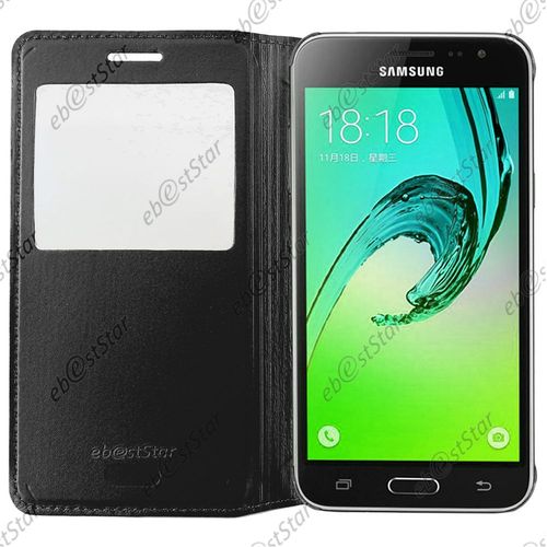 Ebeststar ® Pour Samsung Galaxy J3 Sm-J300f Housse Protection Coque Cover View Portefeuille, Couleur Noir + 1 Film Protection D'écran + Lingette