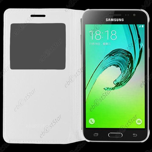 Ebeststar ® Housse Coque Etui Style View Portefeuille Pour Samsung Galaxy J3 Sm-J300f, Couleur Blanc + Mini Stylet 3 Film Plastique