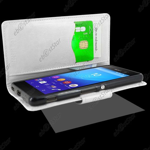 Ebeststar ® Housse Coque Etui Portefeuille Support Folio Simi Cuir Pour Sony Xperia M5, M5 Dual, Couleur Blanc + 1 Film Protection D'écran + Lingette