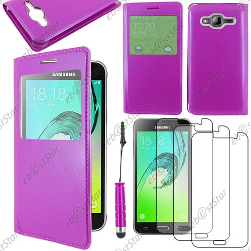 Ebeststar ® Housse Coque Etui Style View Portefeuille Pour Samsung Galaxy J3 Sm-J300f, Couleur Violet + Mini Stylet 3 Film Plastique