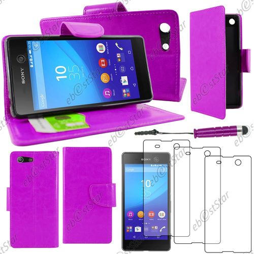 Ebeststar ® Housse Coque Etui Portefeuille Support Folio Simi Cuir Pour Sony Xperia M5, M5 Dual, Couleur Violet + Mini Stylet 3 Film Plastique