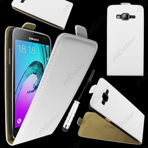 Ebeststar ® Housse Coque Etui En Pu Cuir À Rabat Ultra Fine (Slim Case) Pour Samsung Galaxy J3 Sm-J300f, Couleur Blanc + Mini Stylet + 1 Film Protection D'écran + Lingette