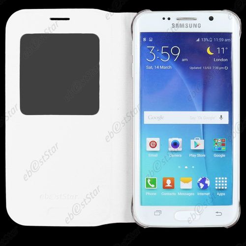 Ebeststar ® Housse Protection Coque Etui Flip View Pour Samsung Galaxy S6 Edge Sm-G925f G925, Couleur Blanc + 1 Film Protection D'écran + Lingette