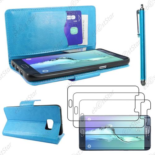 Ebeststar ® Housse Coque Etui Portefeuille Support Folio Simi Cuir Pour Samsung Galaxy S6 Edge Sm-G925f G925, Couleur Bleu + Stylet 3 Film Plastique