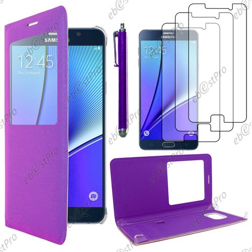 Ebeststar ® Housse Coque Etui Style View Portefeuille Pour Samsung Galaxy Note5 Sm-N920f Note 5, Couleur Violet + Stylet 3 Film Plastique