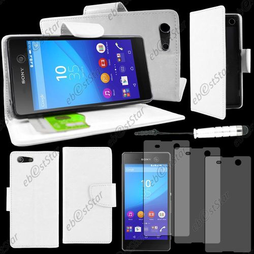 Ebeststar ® Housse Coque Etui Portefeuille Support Folio Simi Cuir Pour Sony Xperia M5, M5 Dual, Couleur Blanc + Mini Stylet 3 Film Plastique