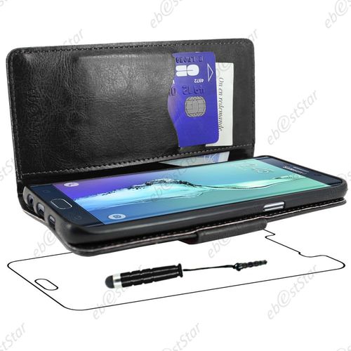 Ebeststar ® Housse Coque Etui Portefeuille Support Folio Simi Cuir Pour Samsung Galaxy S6 Edge Sm-G925f G925, Couleur Noir + Mini Stylet + 1 Film Protection D'écran + Lingette