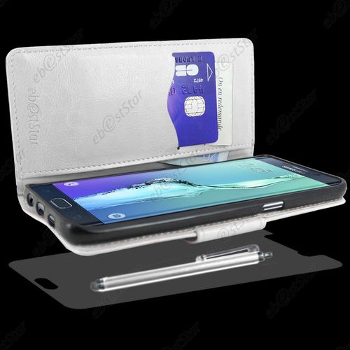 Ebeststar ® Housse Coque Etui Portefeuille Support Folio Simi Cuir Pour Samsung Galaxy S6 Edge Sm-G925f G925, Couleur Blanc + Stylet + 1 Film Protection D'écran + Lingette