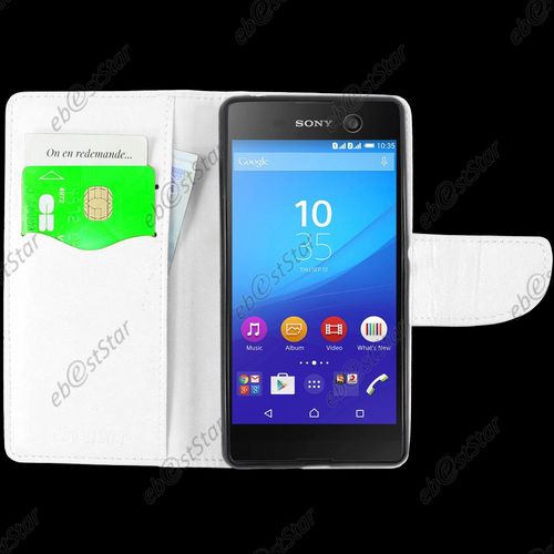 Ebeststar ® Pour Sony Xperia M5, M5 Dual Etui Portefeuille Housse Coque Protection Folio Book Livre, Couleur Blanc + 1 Film Protection D'écran + Lingette