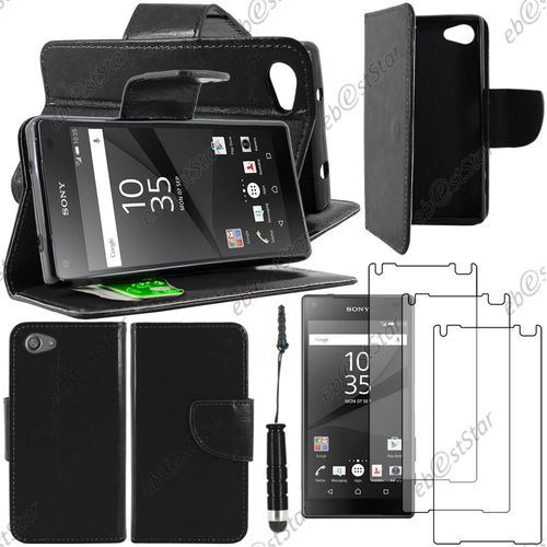 Ebeststar ® Housse Coque Etui Portefeuille Support Folio Simi Cuir Pour Sony Xperia Z5 Compact, Couleur Noir + Mini Stylet 3 Film Plastique